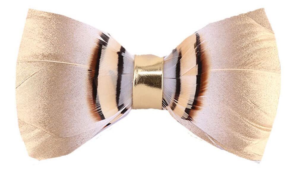 5363 Gold White Brown Feather Bowtie Dress up Great Pre Tied Formal Party